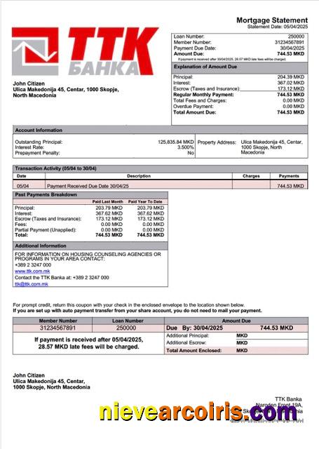 North Macedonia TTK Banka mortgage statement Word and PDF template
